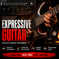 Promotional graphic for Kontakt Expressive Guitar, showing a close-up of a person's hands playing an electric guitar in a studio setting with the product title in large text and feature callouts at the bottom.