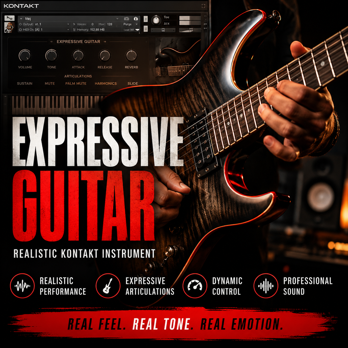 Promotional graphic for Kontakt Expressive Guitar, showing a close-up of a person's hands playing an electric guitar in a studio setting with the product title in large text and feature callouts at the bottom.