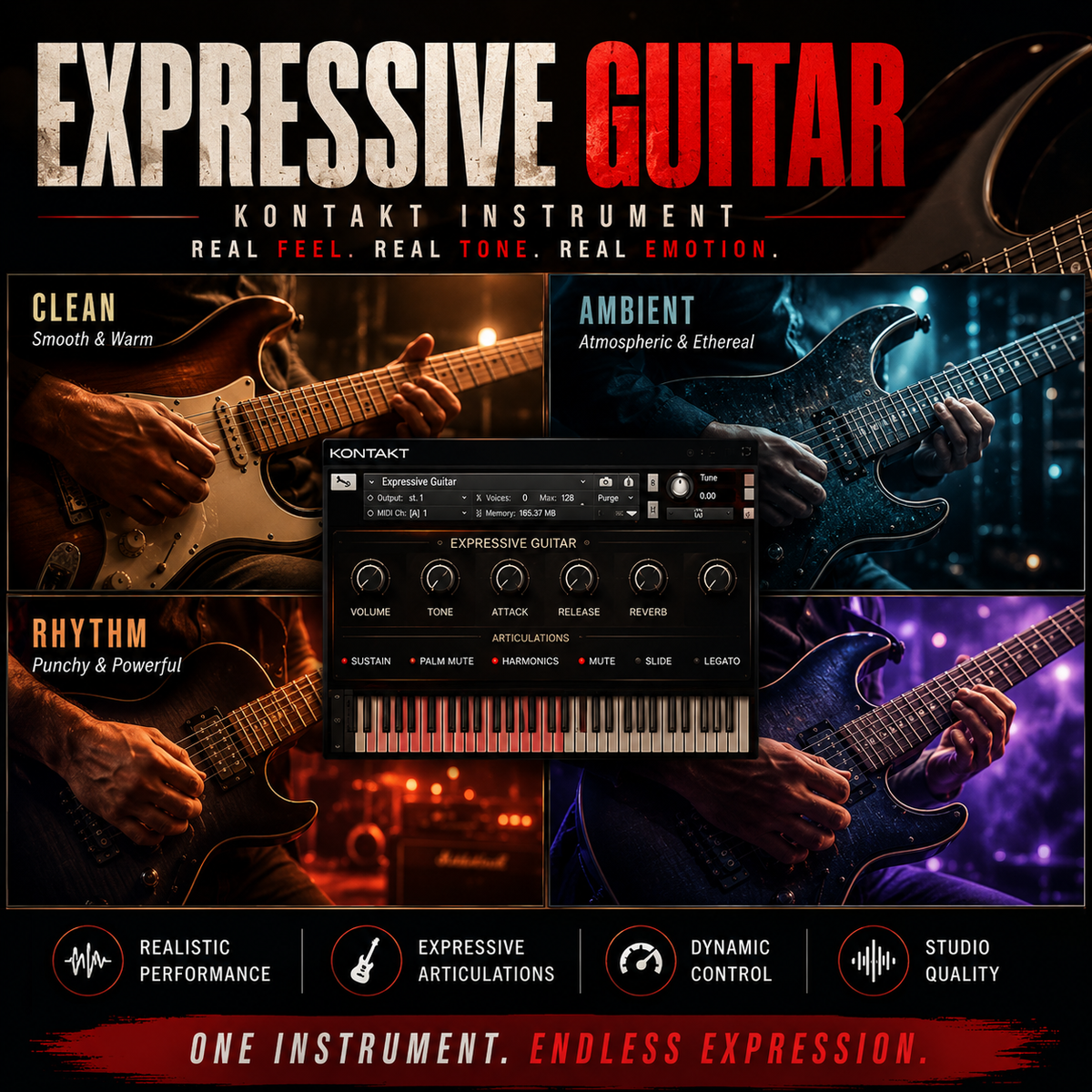 Promotional graphic for the Kontakt instrument 'Expressive Guitar' showing a piano-key interface over a collage of guitarists playing different electric guitars in warm and cool lighting, with large text reading 'EXPRESSIVE GUITAR' and feature callouts.
