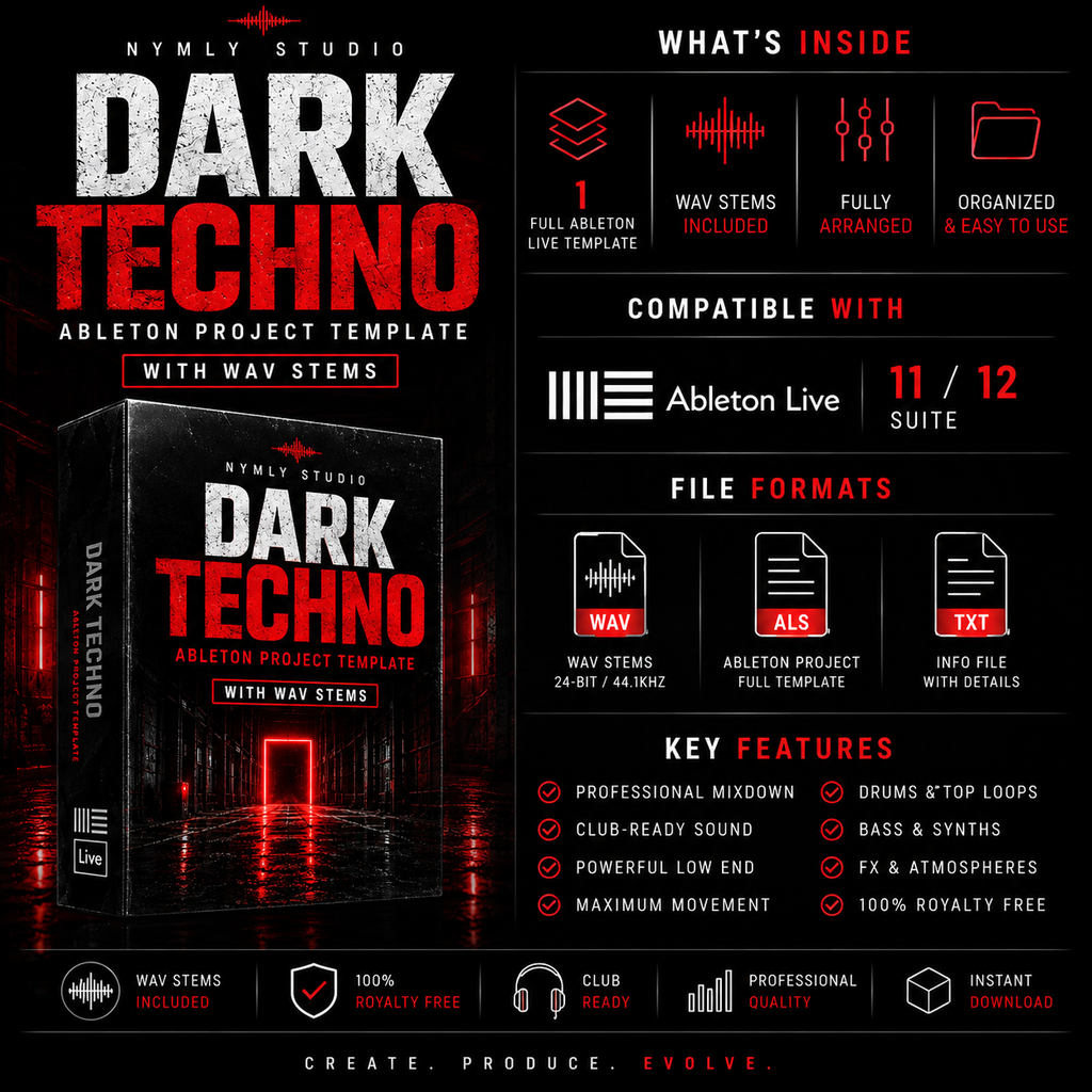 Promotional graphic for a Dark Techno Ableton Live project template by Nymly Studio, featuring a large product box mockup, red and black gradient background, and text detailing included waveforms, file formats, compatibility with Ableton Live 11/12, and key features.