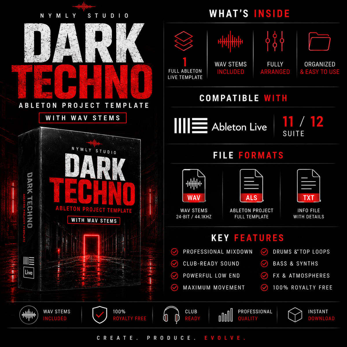 Promotional graphic for a Dark Techno Ableton Live project template by Nymly Studio, featuring a large product box mockup, red and black gradient background, and text detailing included waveforms, file formats, compatibility with Ableton Live 11/12, and key features.