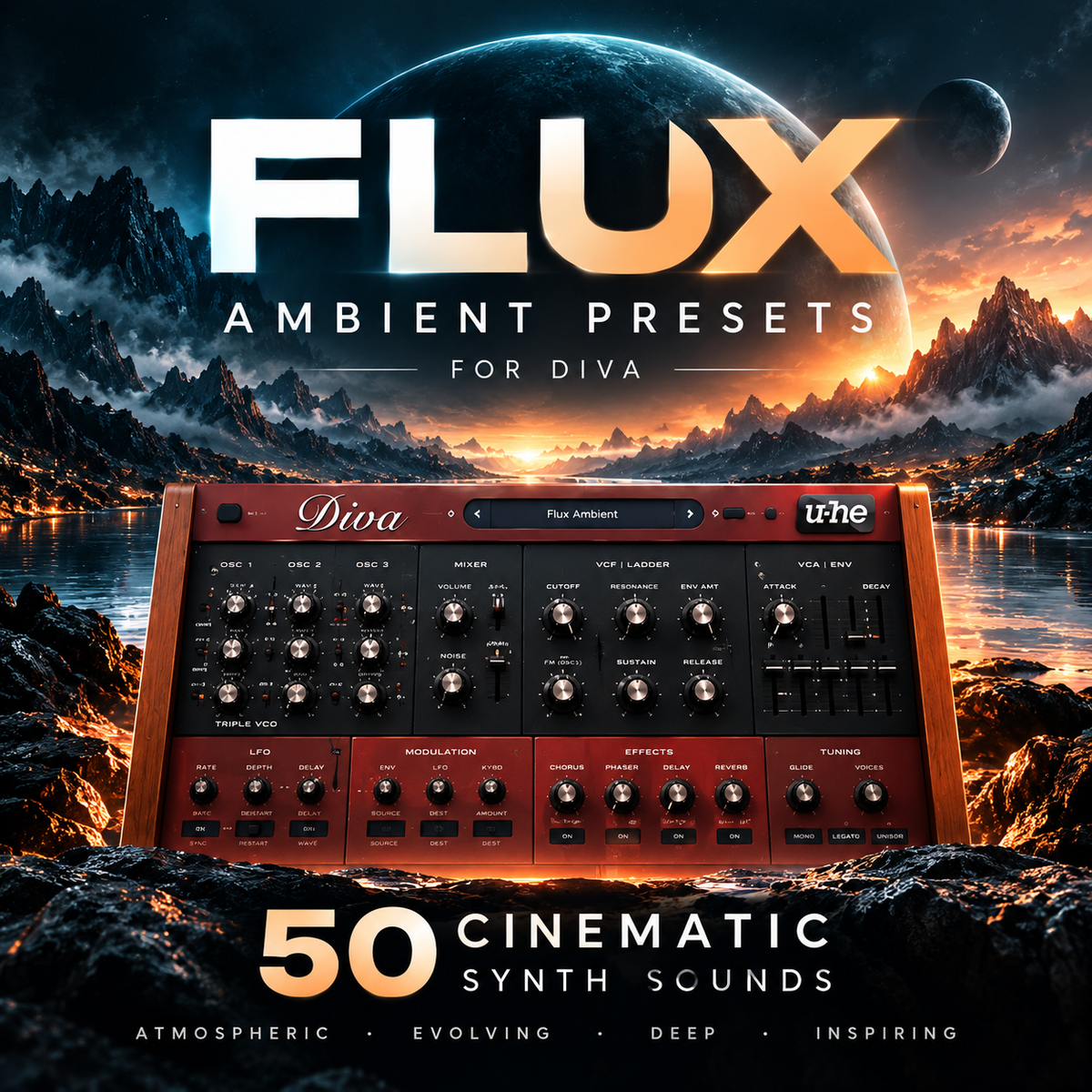 Promotional cover art for 'FLUX Ambient Presets for Diva', showing a red modular synthesizer labeled 'Dioa' and 'the' in front of a dramatic landscape with mountains, water, and a large planet. Text reads '50 Cinematic Synth Sounds' and lists atmospheric, evolving, deep, and inspiring.