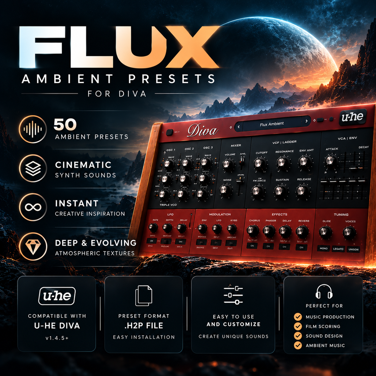 Flux Ambient Presets for Diva featuring 50 cinematic synth presets, u-he Diva compatibility, H2P format, and customizable atmospheric sounds.