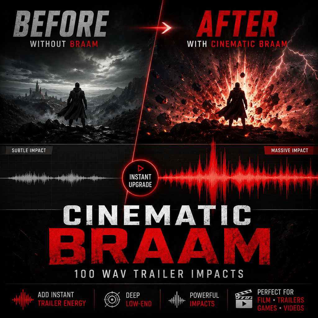 Promotional graphic for Cinematic Braam trailer audio effects, showing a before-and-after split screen with dramatic red and black effects, soundwave graphics, and text including 'Before Without Braam,' 'After With Cinematic Braam,' and '100 Way Trailer Impacts.'.