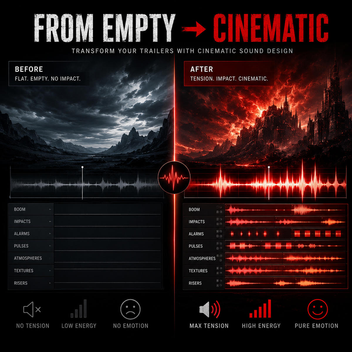Before and after cinematic sound design using Kontakt pings, alarms and atmospheric trailer sounds