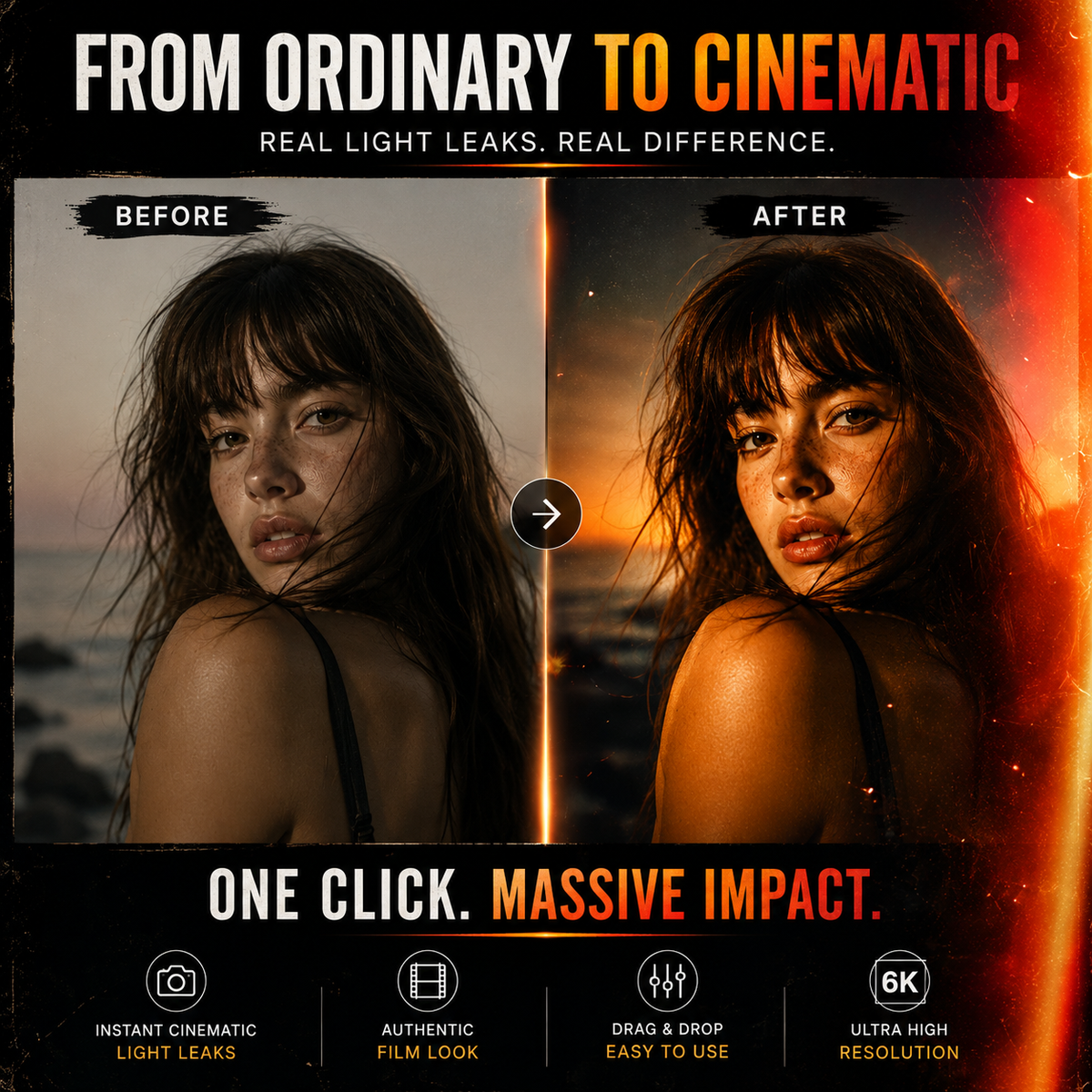 Promotional graphic for a photo editing software feature, titled 'FROM ORDINARY TO CINEMATIC'. It shows a side-by-side 'Before' and 'After' comparison of a woman's portrait, demonstrating realistic light leaks and warm color grading.