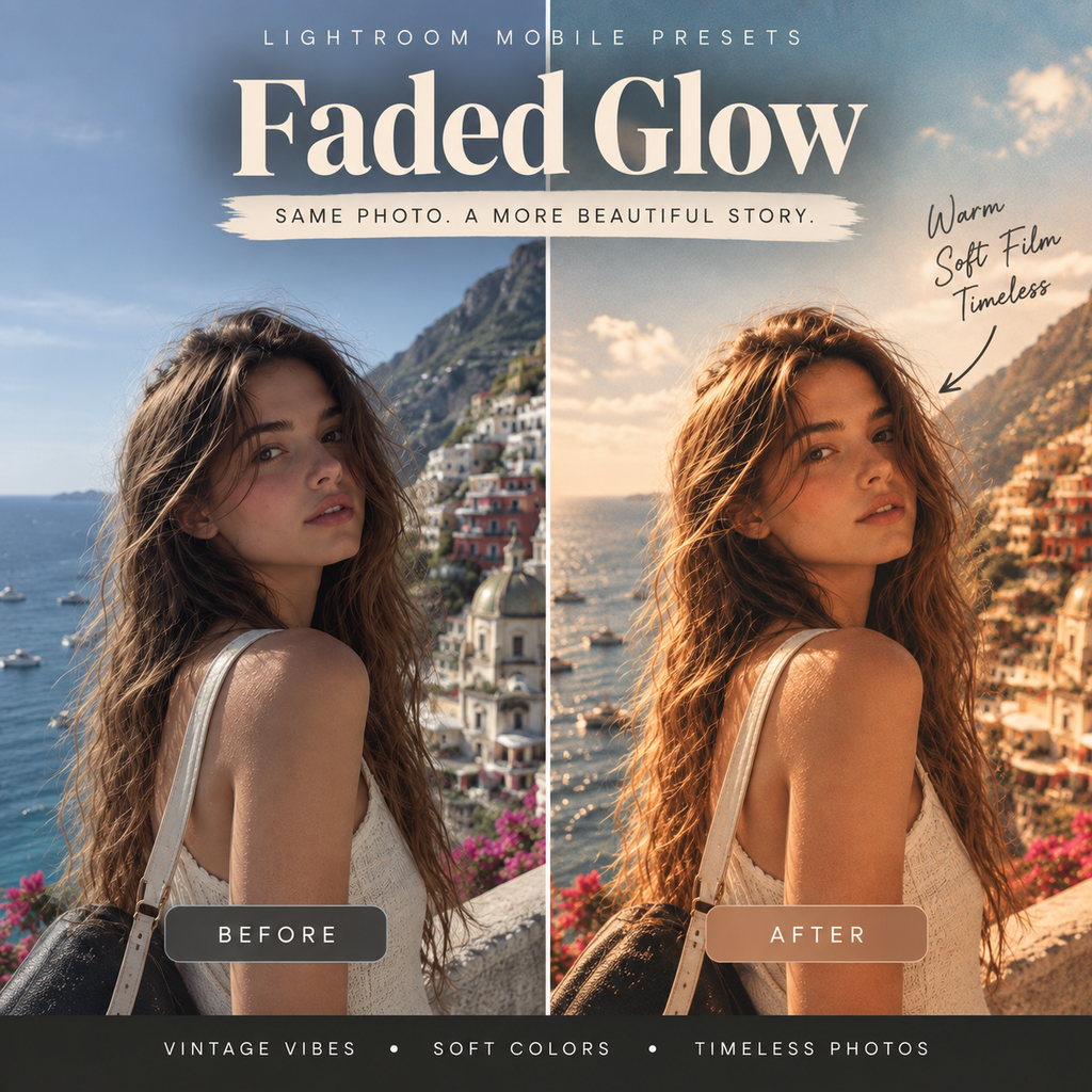Promotional graphic for Lightroom mobile presets titled 'Faded Glow,' showing a split-screen before/after treatment on a woman's portrait with warm vintage tones applied in the after view. Text reads 'Warm, Soft Film Timeless' and 'Vintage Vibes • Soft Colors • Timeless Photos.