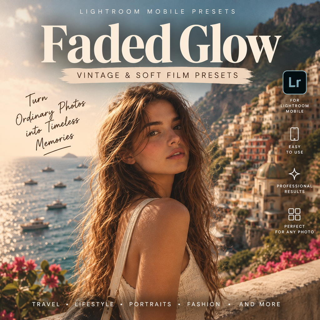 Promotional graphic for Lightroom mobile presets titled 'Faded Glow' showing a woman outdoors by the sea with soft warm editing and text overlays describing vintage and soft film presets.