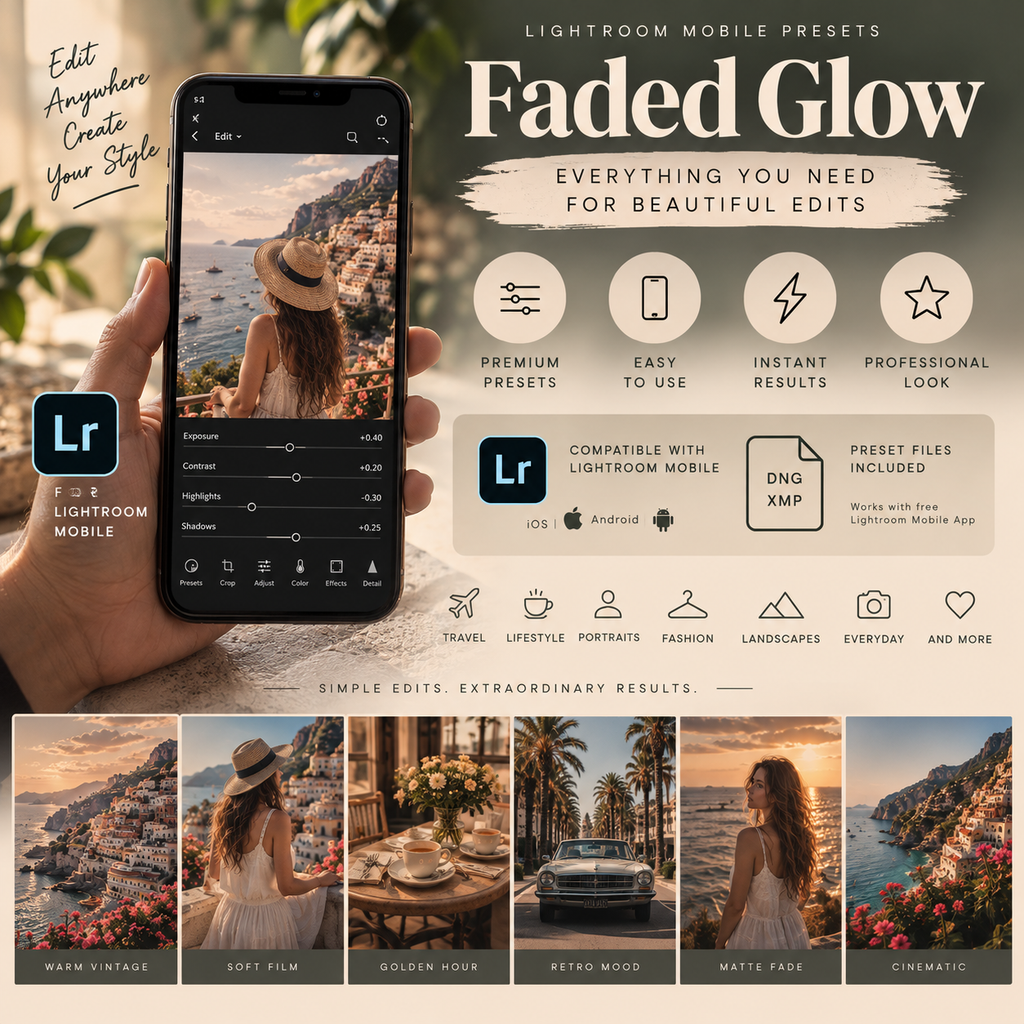 Promotional graphic for Lightroom Mobile presets titled 'Faded Glow,' showing a hand holding a smartphone with a sunset portrait edit, feature icons, compatibility badges for iOS and Android, and six example portrait photo strips at the bottom.