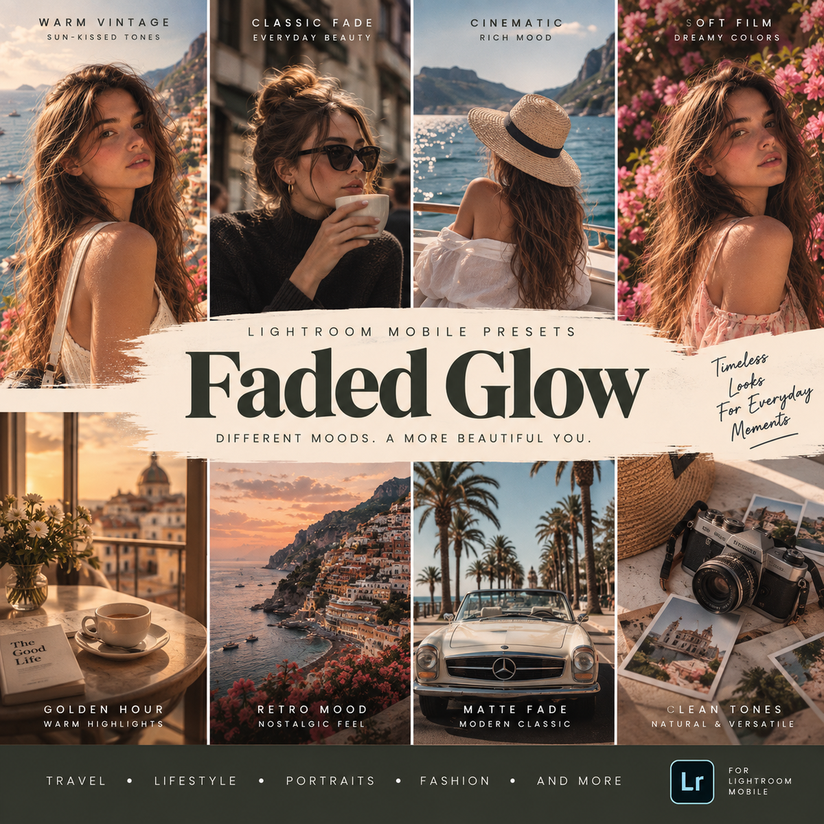 Promotional graphic for Lightroom Mobile presets titled "Faded Glow," showing a collage of six travel and portrait photos with warm vintage, cinematic, and retro tones. Large centered text reads "Faded Glow," with smaller copy describing different moods and a Lightroom logo in the bottom right.