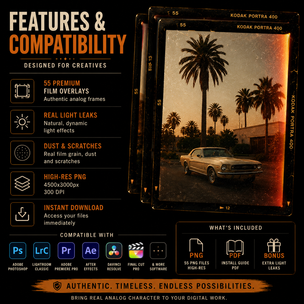 Promotional graphic for a digital overlay pack titled 'Features & Compatibility' showing Kodak Portra 400 film-style frames and text describing 55 premium film overlays, real light leaks, dust and scratches, high-resolution PNGs, and compatibility with Adobe Photoshop, Lightroom, Premiere, After Effects, and Illustrator.