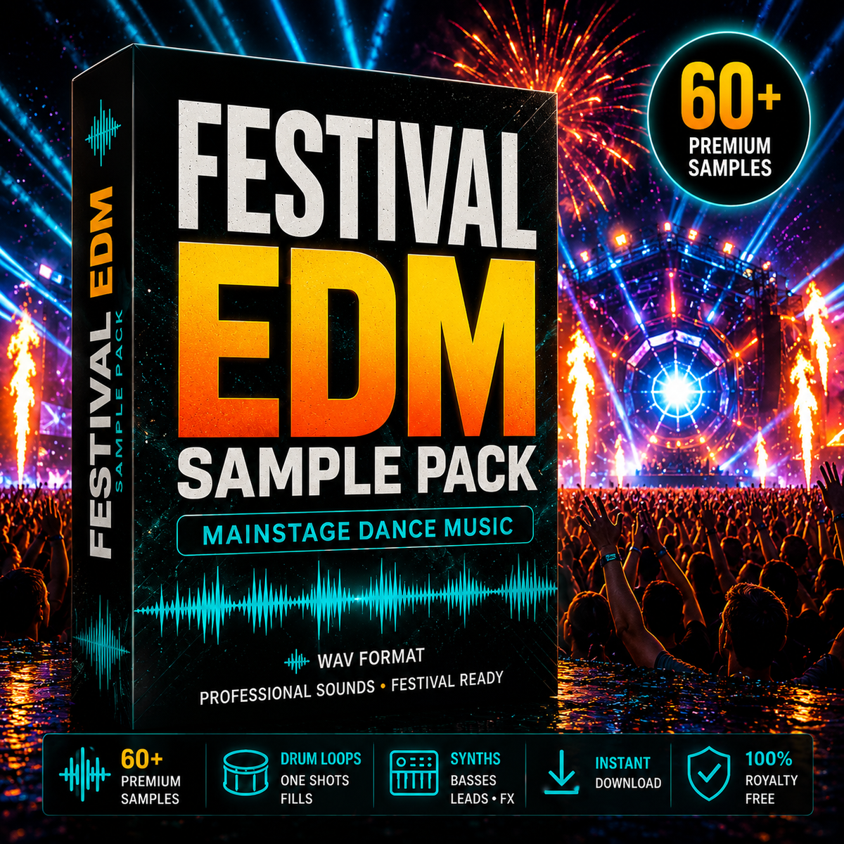 Digital product cover for a 'Festival EDM Sample Pack' shown as a 3D box mockup against a vibrant, colorful festival concert scene background. The box features bold white and orange text, and the background displays a crowd, stage lights, and fireworks.