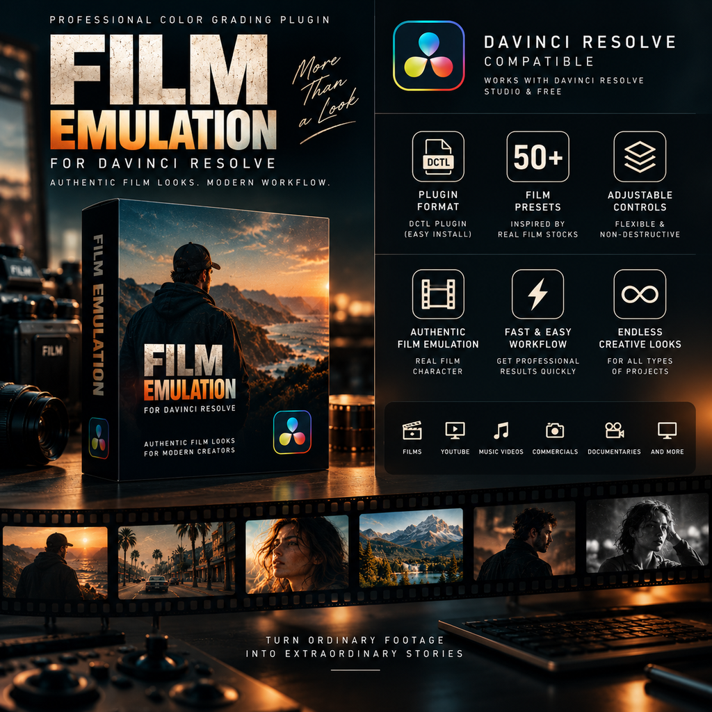 Promotional graphic for a Davinci Resolve color grading plugin called Film Emulation, showing software interface panels, compatibility badges, a software box cover, film reels, and a strip of edited cinematic footage thumbnails.