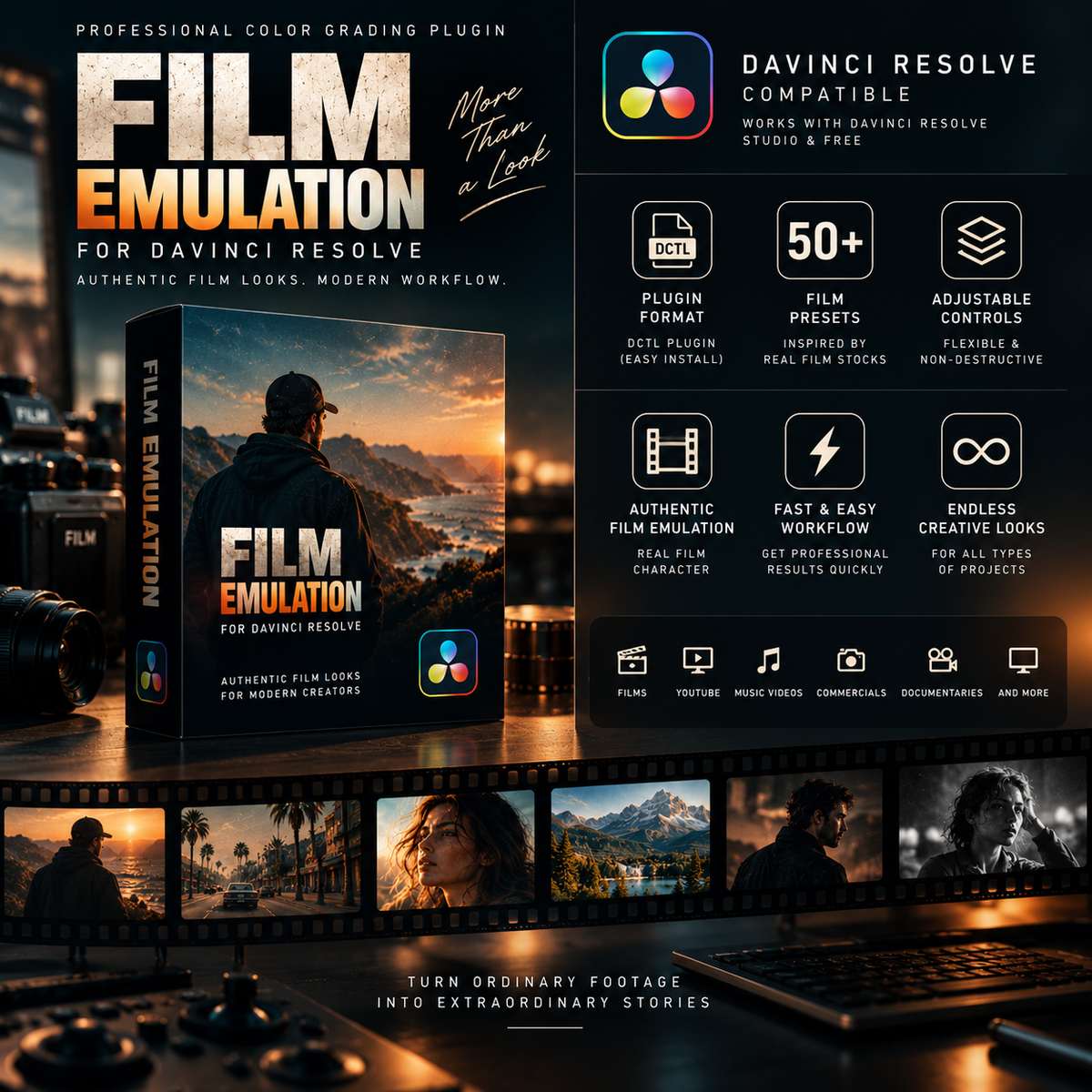 Promotional graphic for a Davinci Resolve color grading plugin called Film Emulation, showing software interface panels, compatibility badges, a software box cover, film reels, and a strip of edited cinematic footage thumbnails.