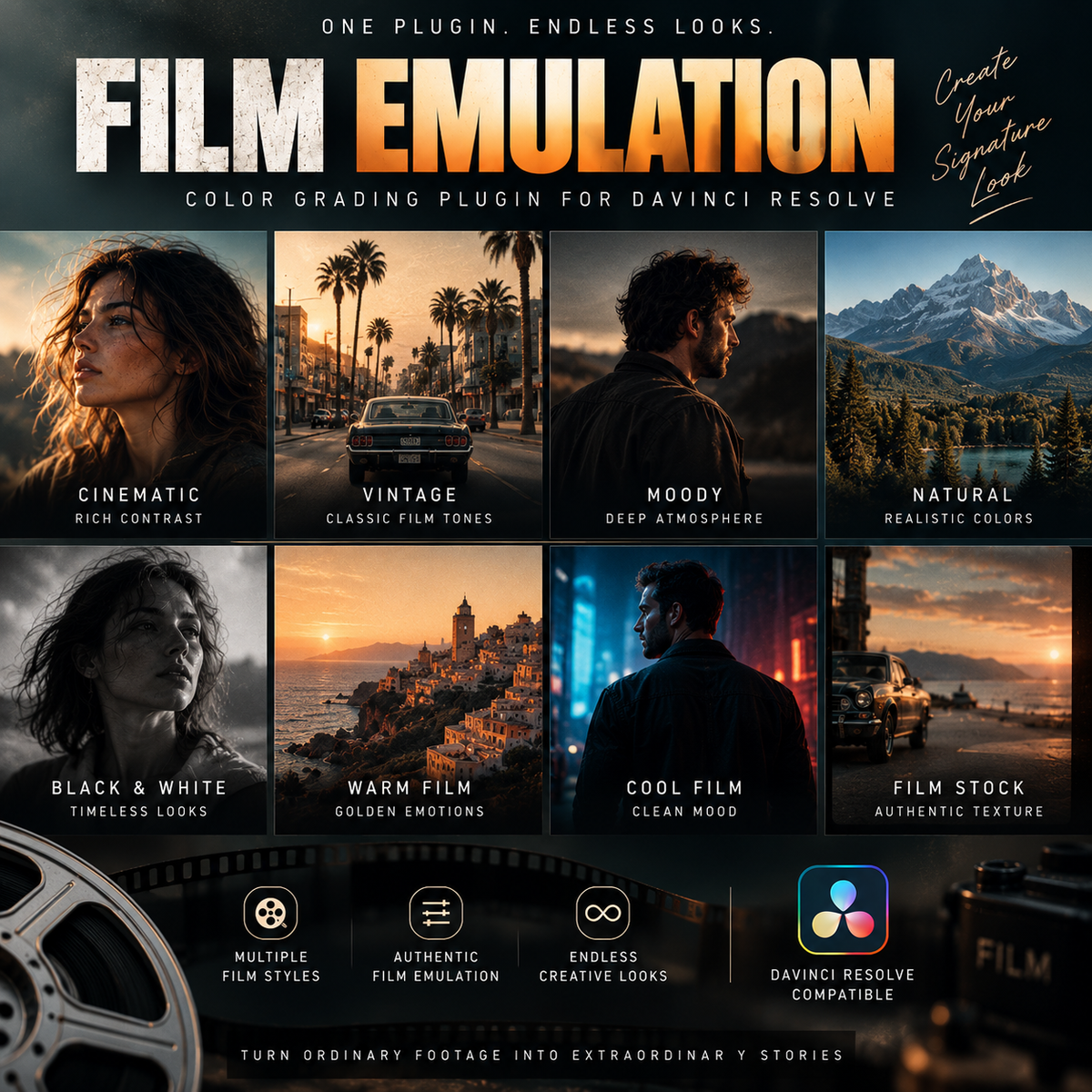 Promotional graphic for a film emulation plugin, showing eight example cinematic photo panels with text labels such as Cinematic, Vintage, Moody, Natural, Black & White, Warm Film, Cool Film, and Film Stock. Large headline reads 'FILM EMULATION' with smaller text 'Color Grading Plugin for Davinci Resolve.
