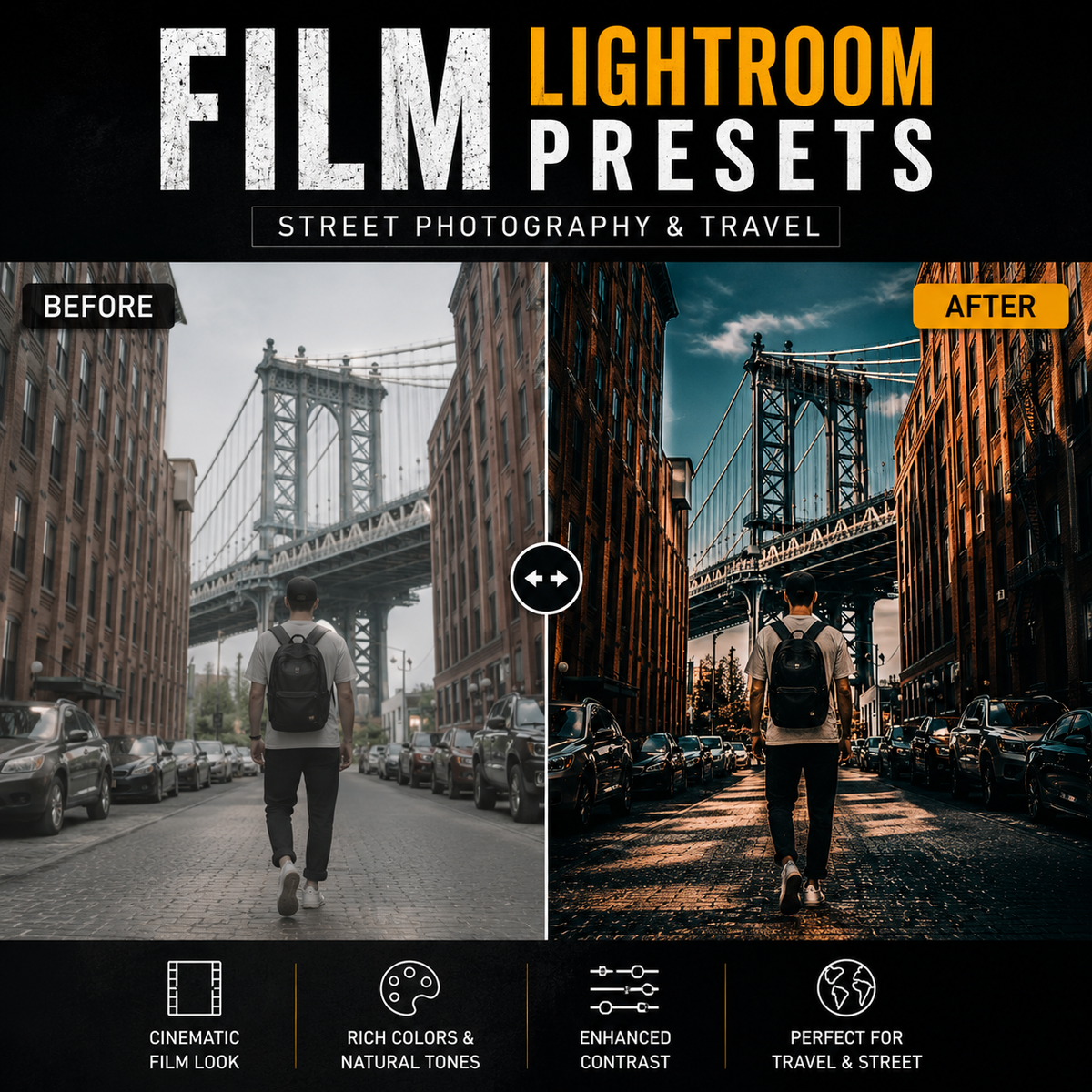 Promotional graphic for Film Lightroom Presets, showing a before-and-after street photography comparison with the Manhattan Bridge. The left side is labeled 'BEFORE' with a muted, natural-toned photo, and the right side is labeled 'AFTER' with a saturated, high-contrast edited version.