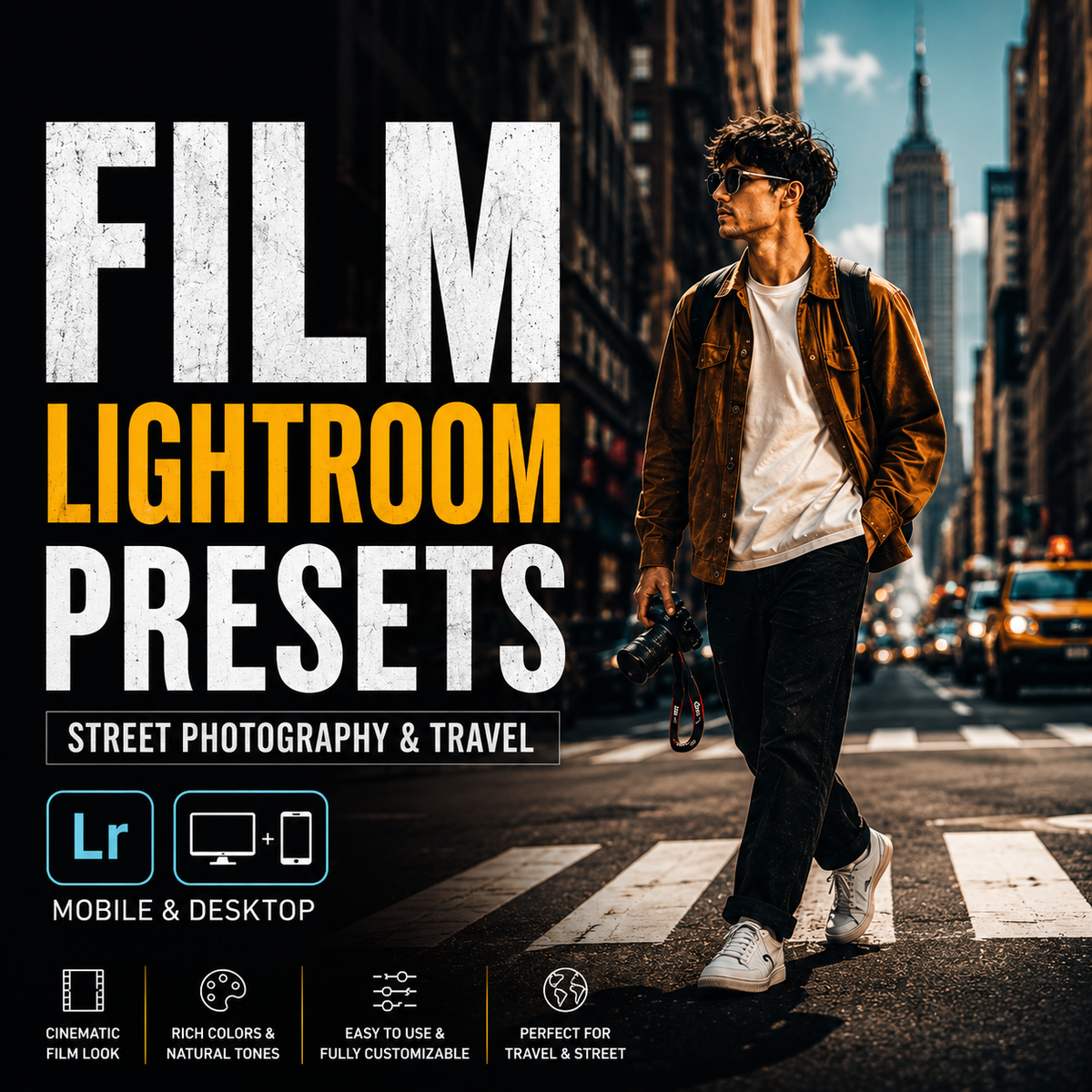 Promotional graphic for Film Lightroom Presets, featuring a man walking across a city crosswalk with a camera, set against a blurred urban street scene. Large text reads 'FILM LIGHTROOM PRESETS' with 'Street Photography & Travel' below, plus Lightroom and mobile/desktop compatibility icons and feature callouts at the bottom.
