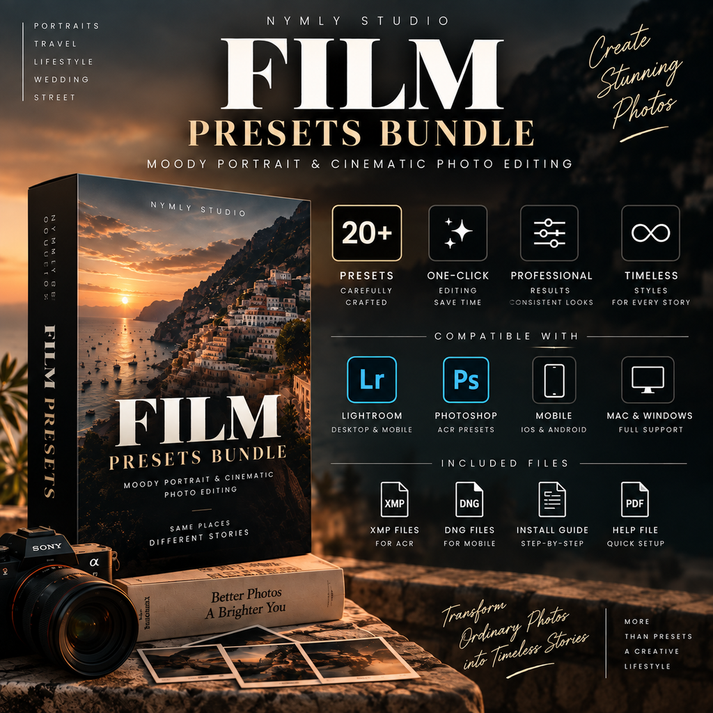 Promotional graphic for a 'Film Presets Bundle' by Nymly Studio, showing a mock book cover, a camera, and a film reel on a rustic surface against a dark moody sunset background. The graphic includes feature callouts for Lightroom, Photoshop, and mobile editing, along with compatibility badges for Mac and Windows.
