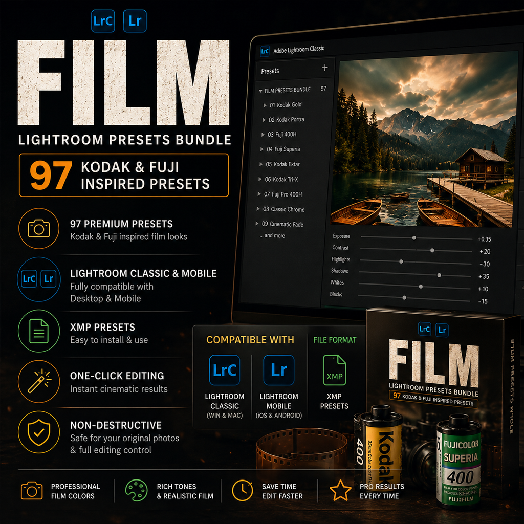 Promotional graphic for a Lightroom presets bundle titled FILM, showing a dark interface mockup with a landscape photo, feature icons, compatibility badges for Lightroom Classic and Mobile, and product boxes for the preset bundle. Text highlights 97 Kodak & Fuji inspired presets and Lightroom Classic & Mobile compatibility.