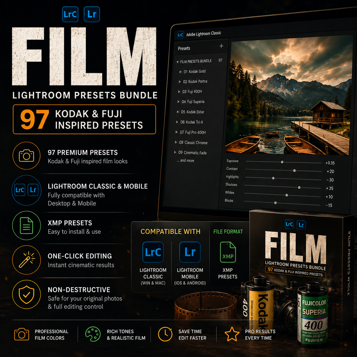 Promotional graphic for a Lightroom presets bundle titled FILM, showing a dark interface mockup with a landscape photo, feature icons, compatibility badges for Lightroom Classic and Mobile, and product boxes for the preset bundle. Text highlights 97 Kodak & Fuji inspired presets and Lightroom Classic & Mobile compatibility.