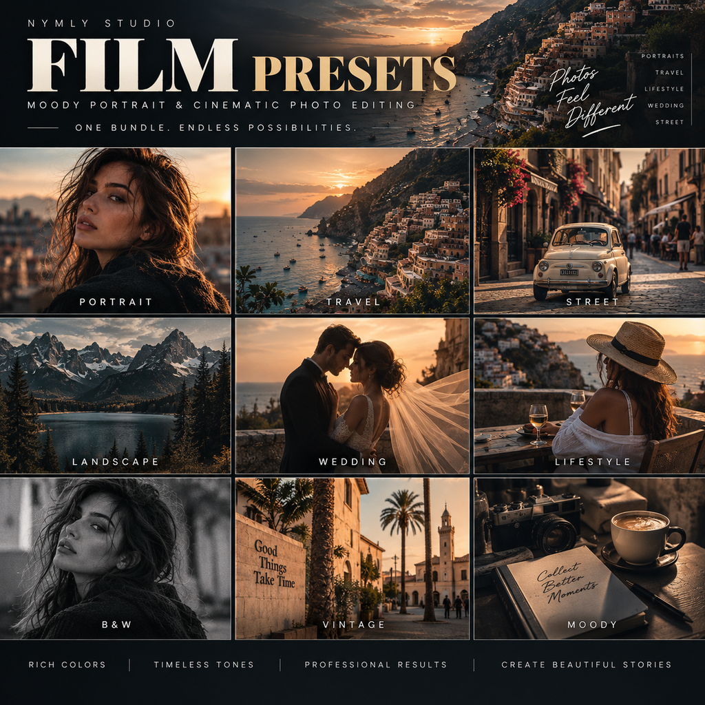 Promotional graphic for a digital photo editing preset bundle titled 'Film Presets' by Nymly Studio. The design features a 3x3 grid of warm-toned lifestyle and travel photo examples including portraits, landscapes, street scenes, weddings, and vintage aesthetics, with text highlighting 'Woody Portrait & Cinematic Photo Editing' and 'Photos Feel Different'.