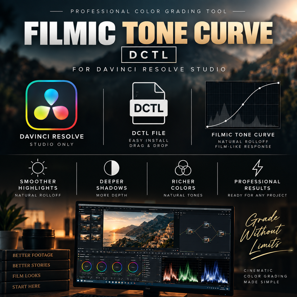Promotional graphic for Filmic Tone Curve DCTL, a Davinci Resolve Studio color grading tool. The image features a dark cinematic background with a computer monitor displaying the Davinci Resolve interface, colorful app icons, and text highlighting key features like 'Easy Install Drag & Drop' and 'Natural Rolloff'.