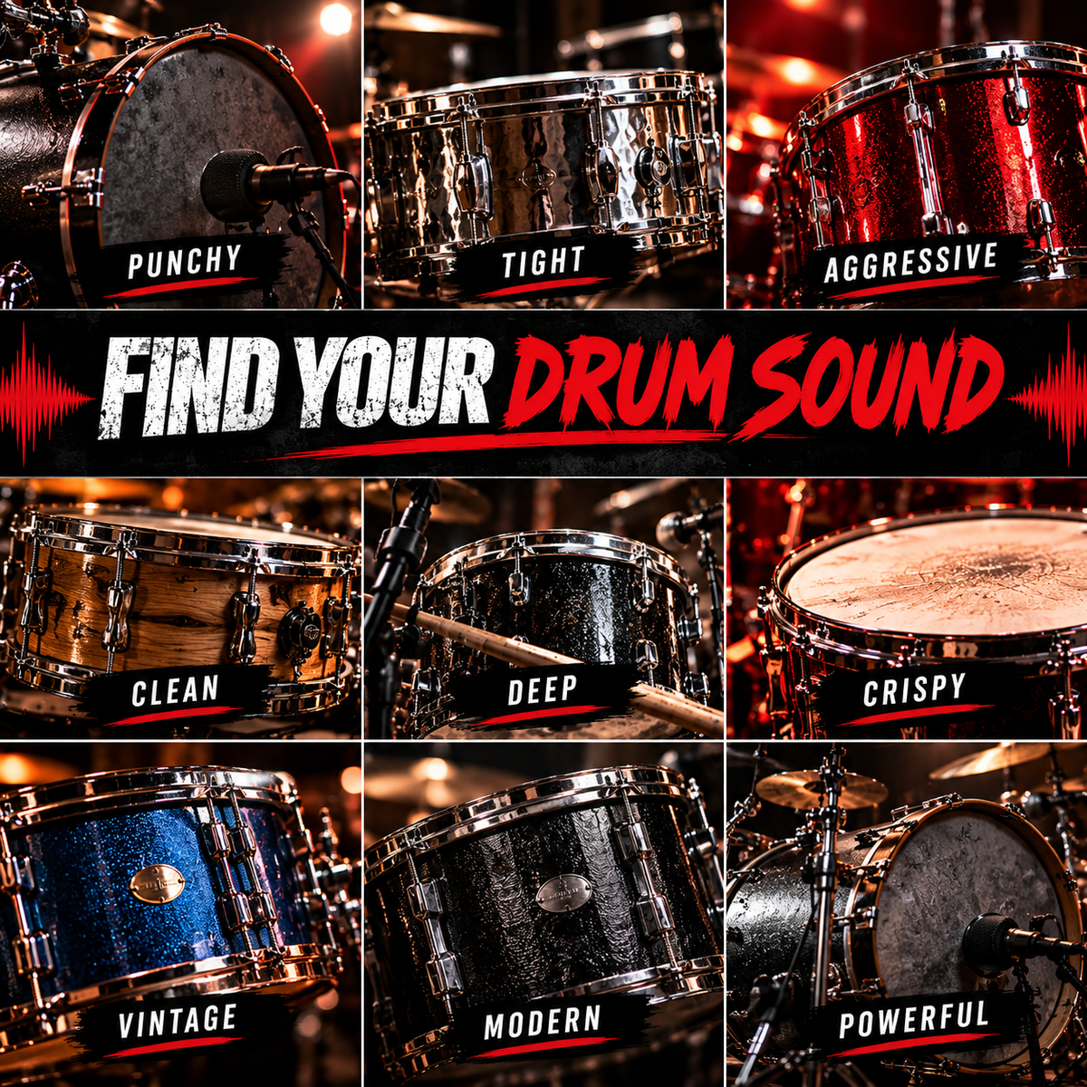 A 3x3 collage of drum kits with labels such as Punchy, Tight, Aggressive, Clean, Deep, Crispy, Vintage, Modern, and Powerful, plus large text reading 'FIND YOUR DRUM SOUND' across the center.