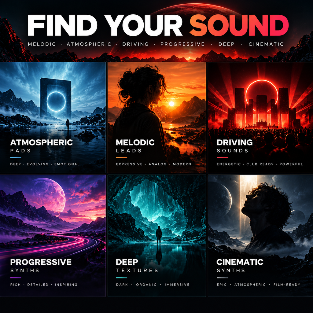 Melodic techno Diva presets and MIDI loops featuring atmospheric pads, melodic leads, progressive synths, and cinematic textures.
