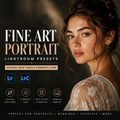 Promotional graphic for Lightroom portrait presets, featuring a close-up portrait of a woman with warm cinematic skin tones and dark hair against a dark background. Large text reads 'FINE ART PORTRAIT LIGHTROOM PRESETS' with 'Natural Skin Tones & Cinematic Look,' Lr app icons, and feature icons for natural skin tones, cinematic look, easy to use, and mobile/desktop compatibility.