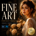 Promotional graphic for Fine Art Portrait Presets, showing a woman in soft warm light with large cream roses on a dark background. Text reads 'FINE ART PORTRAIT PRESETS' with 'ROMANTIC • CINEMATIC • TIMELESS' and app icons for Lr and Ps, plus a gold badge saying '34+ PREMIUM PRESETS'.
