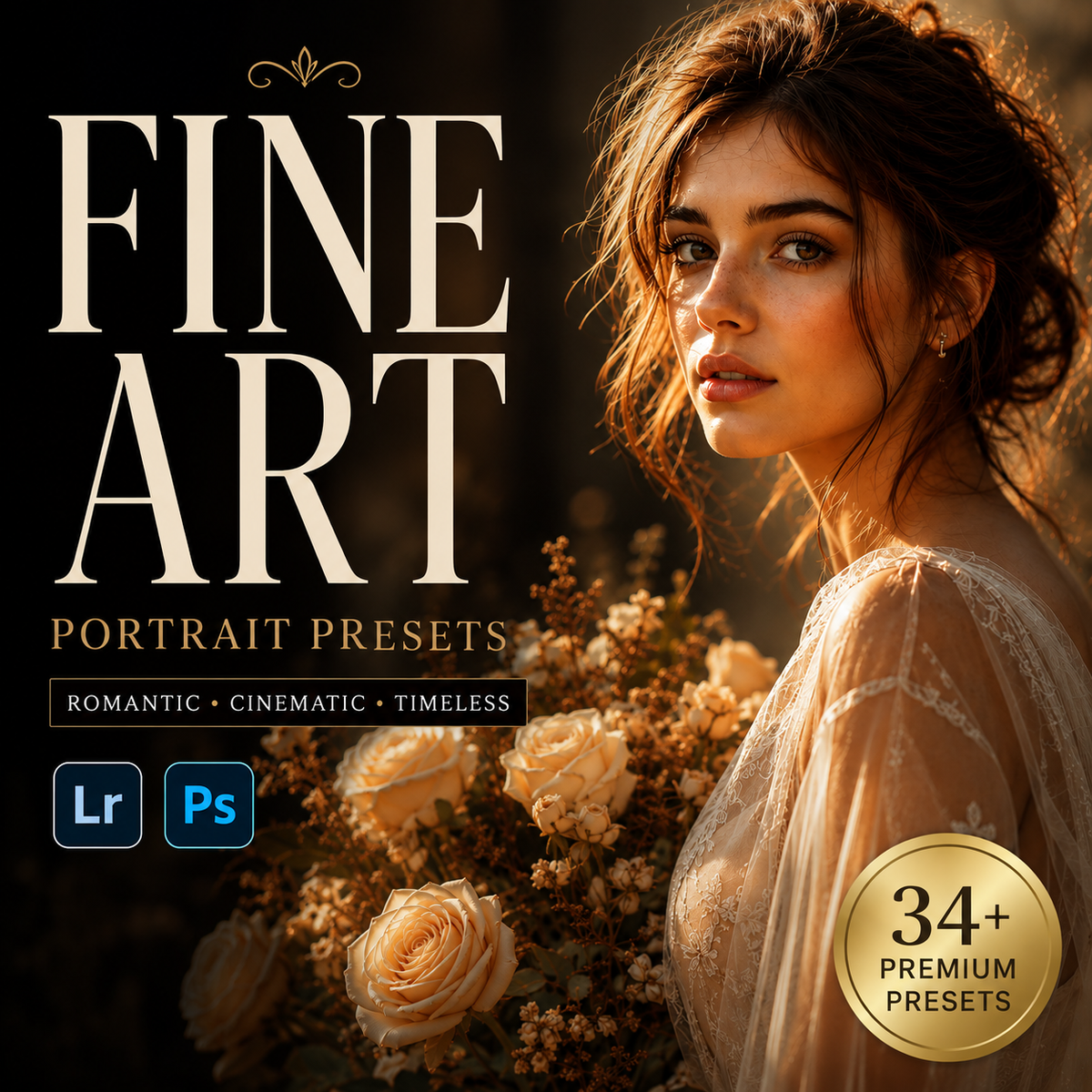 Promotional graphic for Fine Art Portrait Presets, showing a woman in soft warm light with large cream roses on a dark background. Text reads 'FINE ART PORTRAIT PRESETS' with 'ROMANTIC • CINEMATIC • TIMELESS' and app icons for Lr and Ps, plus a gold badge saying '34+ PREMIUM PRESETS'.
