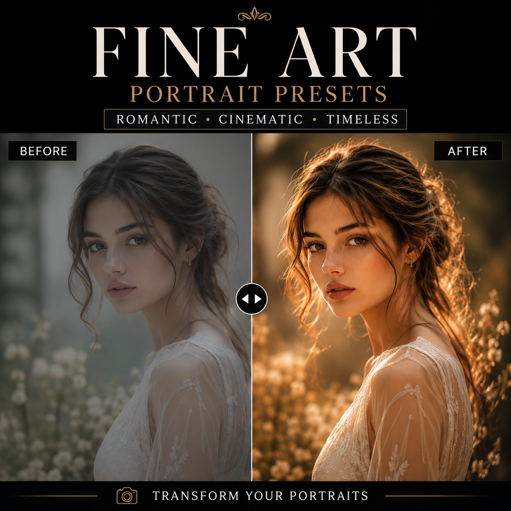 Promotional graphic for 'Fine Art Portrait Presets' showing a side-by-side 'Before' and 'After' portrait editing comparison on a woman's face, with warm golden-hour lighting in the after view. Text at the top reads 'FINE ART PORTRAIT PRESETS' and the bottom says 'TRANSFORM YOUR PORTRAITS'.