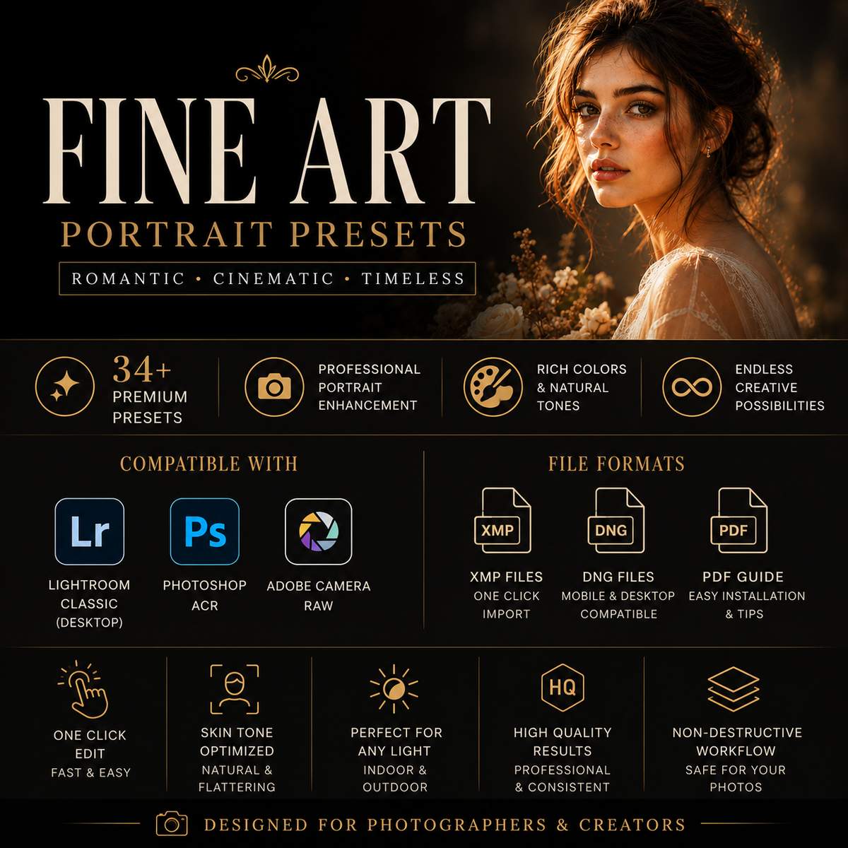 Promotional graphic for Fine Art Portrait Presets, featuring a woman in a warm portrait on the right and text panels on the left detailing features, compatibility with Lightroom, Photoshop, and Adobe Camera Raw, file formats, and benefits.
