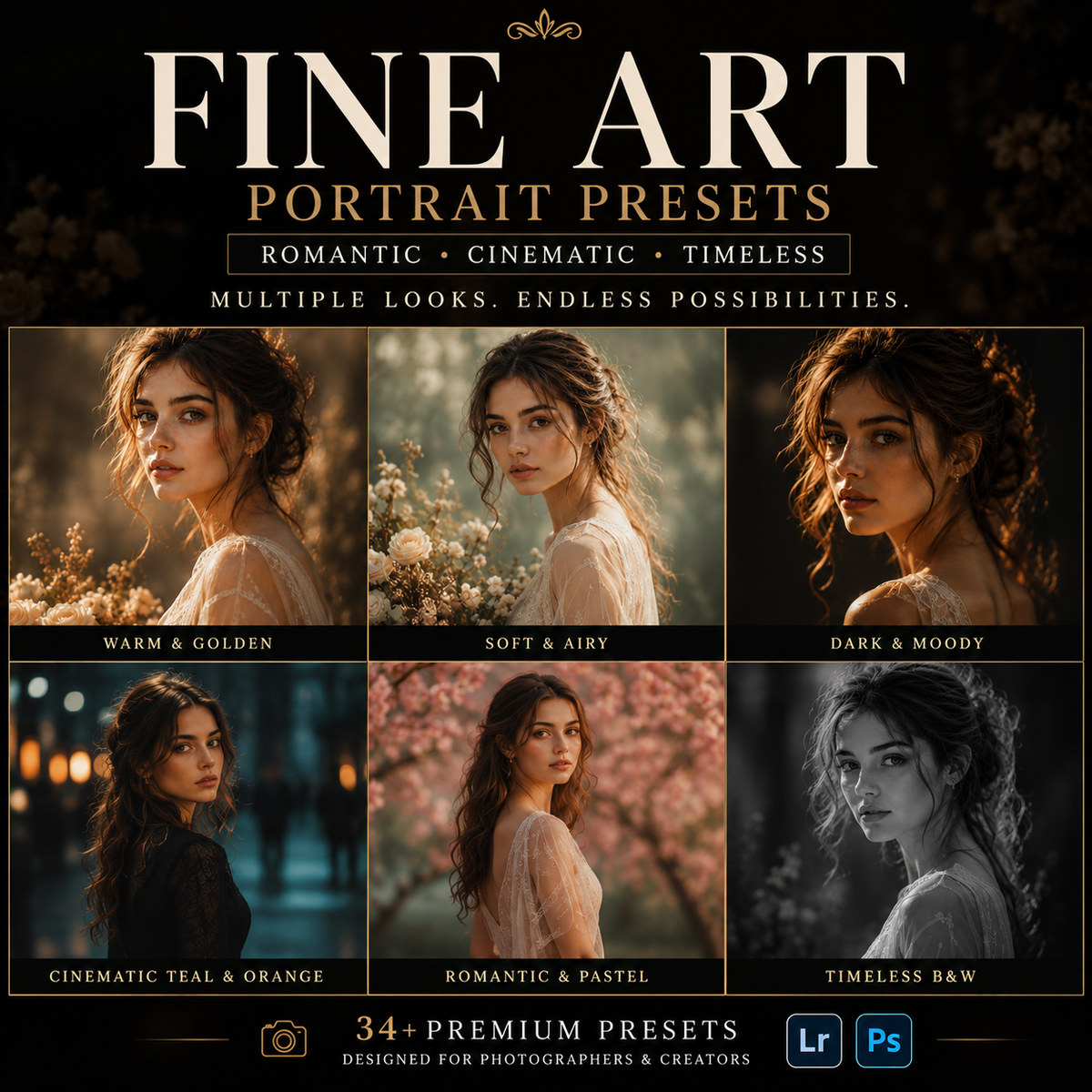 Promotional graphic for Fine Art Portrait Presets, showing six portrait style examples with warm, soft, dark, teal-orange, pastel, and black-and-white looks. Text reads 'FINE ART PORTRAIT PRESETS' with descriptors 'ROMANTIC • CINEMATIC • TIMELESS' and 'MULTIPLE LOOKS.