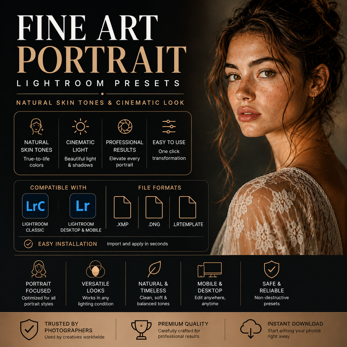 Promotional graphic for Fine Art Lightroom Presets, featuring a close-up portrait of a woman with warm cinematic lighting and dark hair. Large text reads 'FINE ART LIGHTROOM PRESETS' with feature callouts such as natural skin tones, cinematic light, professional results, and compatibility with Lightroom, shown with the Lr logo.
