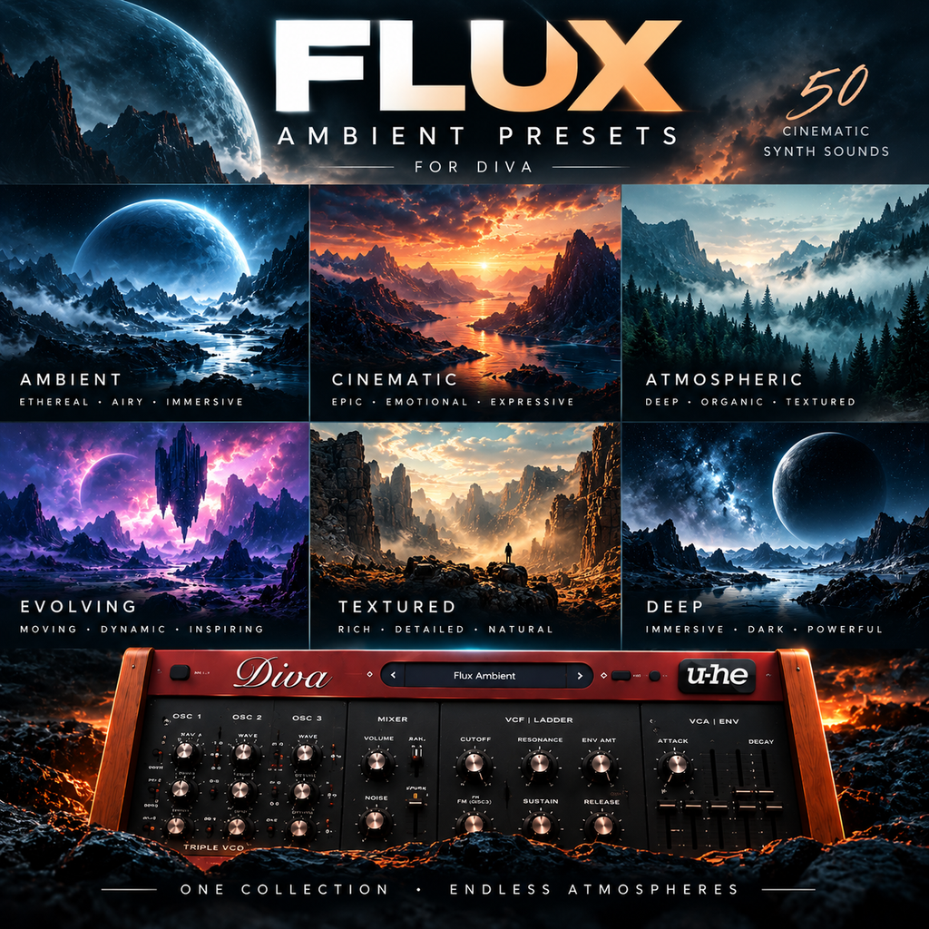Flux Ambient Presets for Diva featuring six cinematic sound-design moods, from deep atmospheric textures to evolving sci-fi ambience.