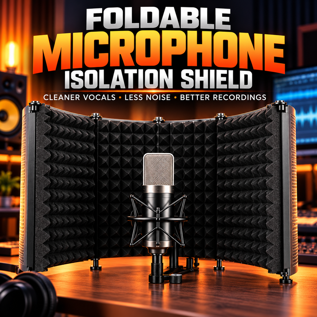 Foldable microphone isolation shield with black foam panels and a studio microphone on a wooden table, with bold text reading 'FOLDABLE MICROPHONE ISOLATION SHIELD' above.