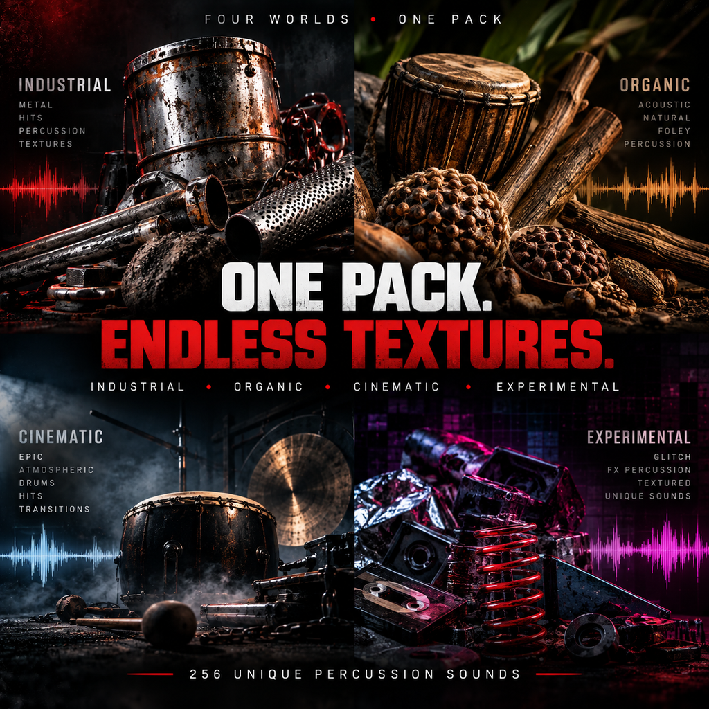 Promotional graphic for a percussion sound pack showing four stylized quadrants with drums, percussion instruments, and textured materials. Text reads 'FOUR WORLDS • ONE PACK', 'ONE PACK.