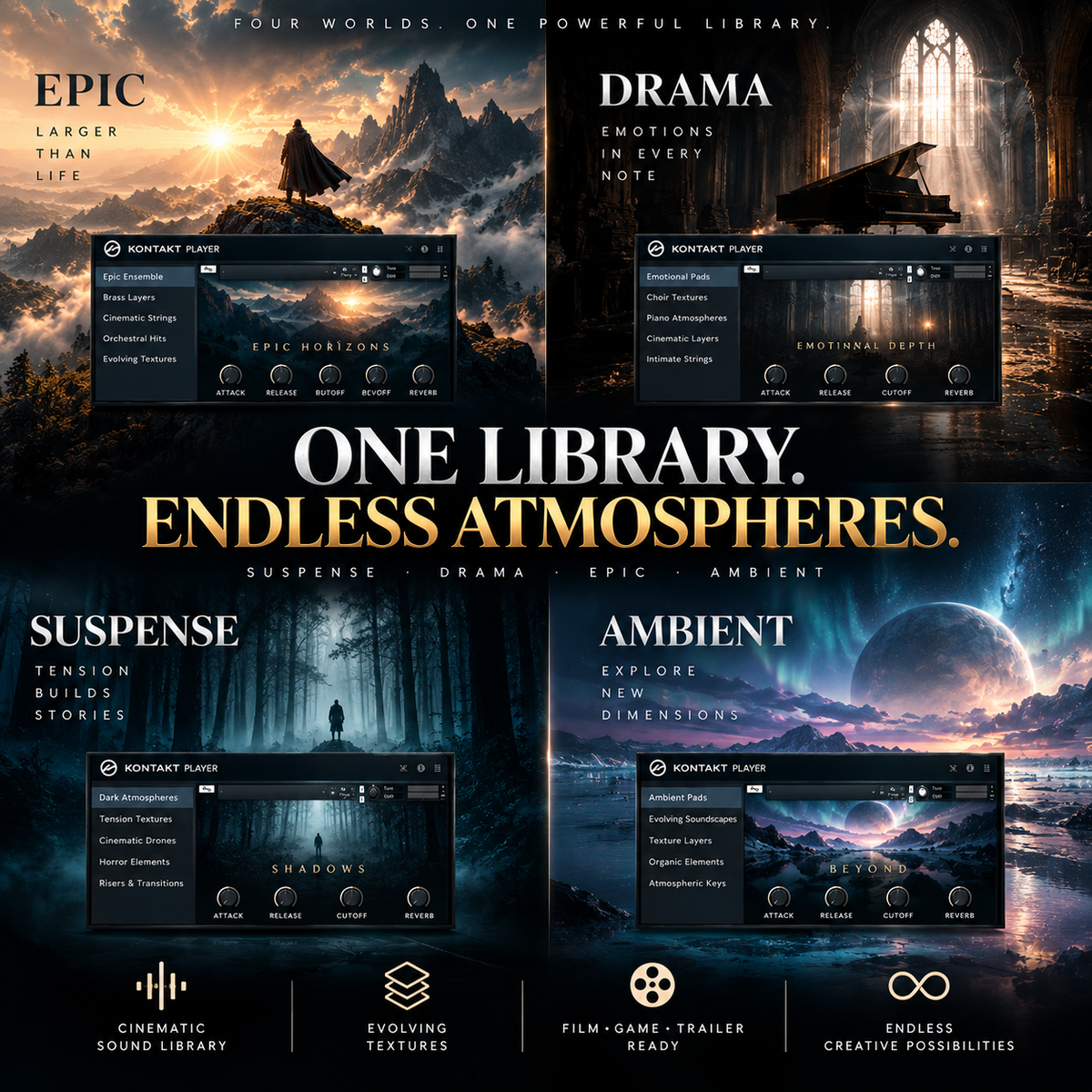 Promotional graphic for a sound library product titled 'ONE LIBRARY. ENDLESS ATMOSPHERES.