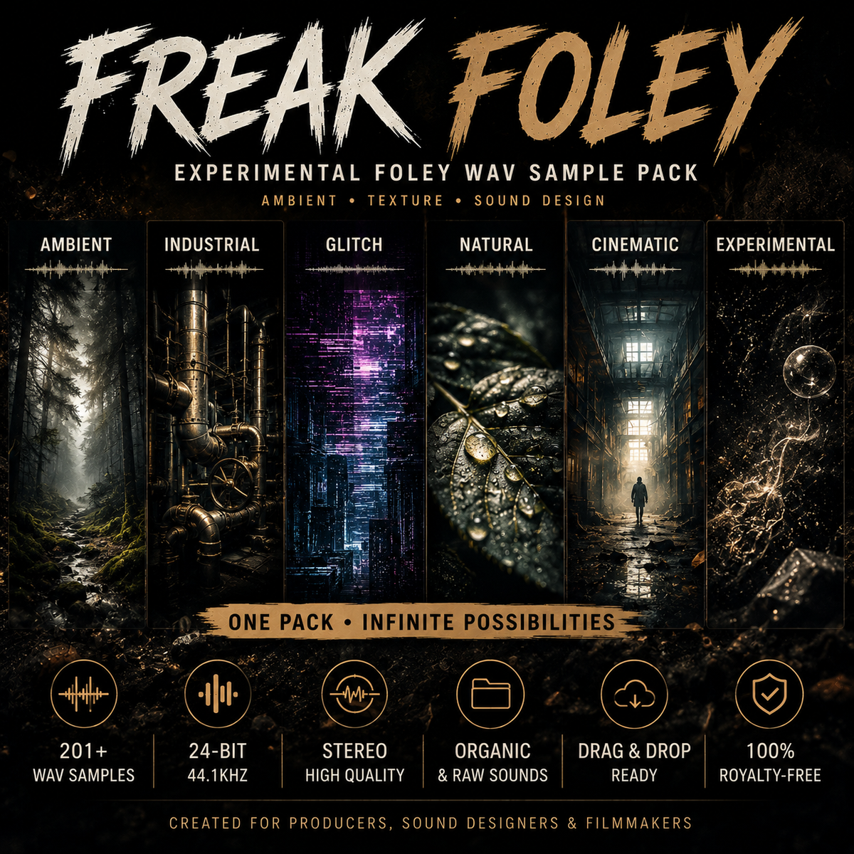 Promotional graphic for a digital audio sample pack titled 'FREAK FOLEY' with six vertical panels labeled Ambient, Industrial, Glitch, Natural, Cinematic, and Experimental. The design uses dark moody imagery, distressed white and tan typography, and feature icons at the bottom for wave samples, bit rate, stereo, organic/raw sounds, drag-and-drop readiness, and royalty-free status.