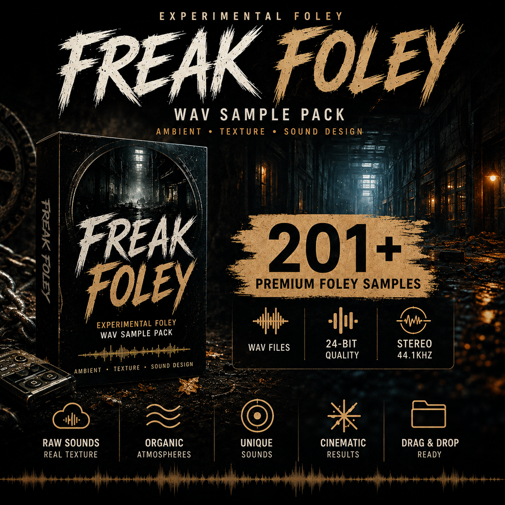 Promotional graphic for the 'Freak Foley' WAV sample pack, featuring a dark sci-fi laboratory background with a product box mockup, text highlighting '201+ Premium Foley Samples', and feature icons for wav files, 24-bit quality, stereo, raw sounds, organic atmospheres, unique sounds, cinematic results, and drag & drop readiness.