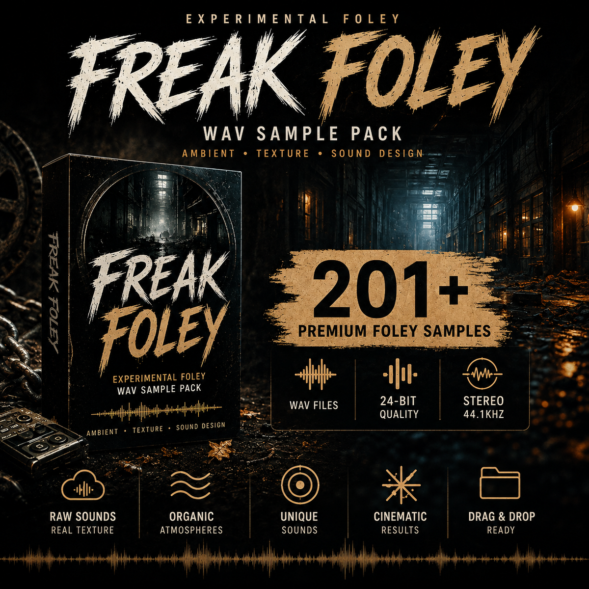 Promotional graphic for the 'Freak Foley' WAV sample pack, featuring a dark sci-fi laboratory background with a product box mockup, text highlighting '201+ Premium Foley Samples', and feature icons for wav files, 24-bit quality, stereo, raw sounds, organic atmospheres, unique sounds, cinematic results, and drag & drop readiness.