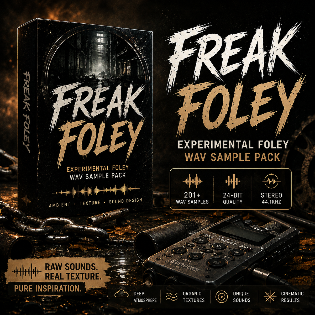 Promotional graphic for the 'Freak Foley' Experimental Foley WAV Sample Pack, showing a stylized software box cover, a vintage tape recorder, a chain, and text highlighting 201+ wave samples, 24-bit quality, and cinematic sound design features.