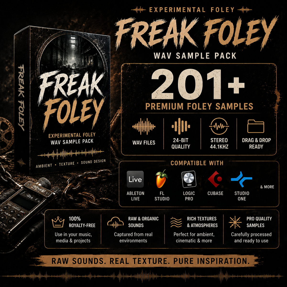 Promotional graphic for the Freak Foley WAV Sample Pack, showing a boxed sample pack design, large text reading '201+ Premium Foley Samples,' compatibility logos for Ableton Live, FL Studio, Logic Pro, Cubase, and Studio One, and feature icons for WAV files, 24-bit quality, stereo, and drag-and-drop readiness.