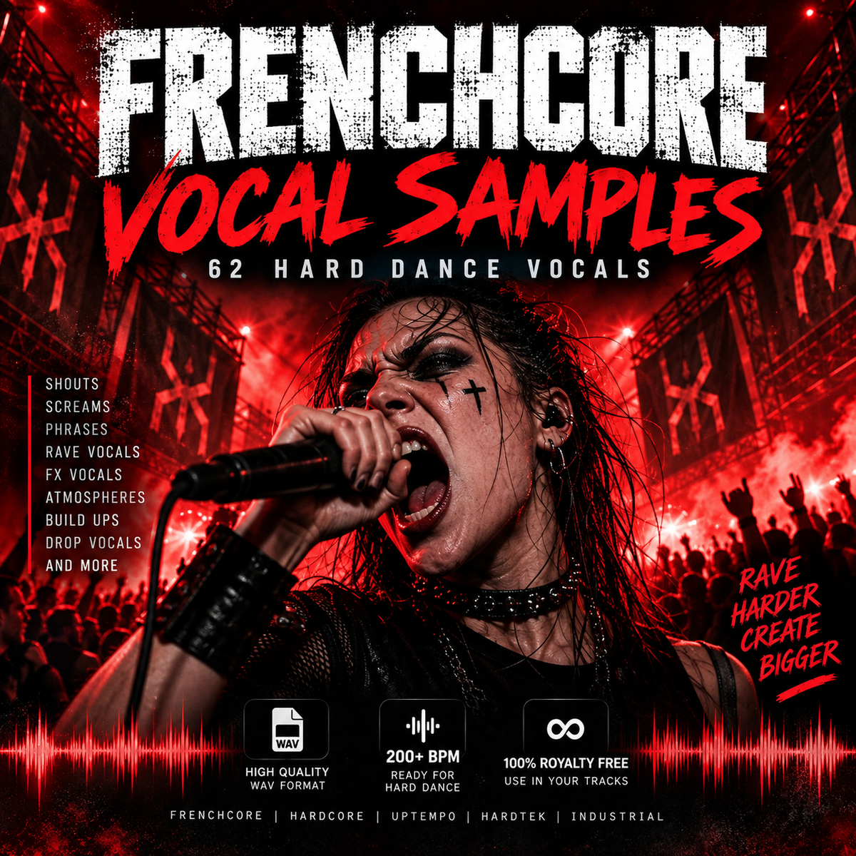 Promotional cover art for a music sample pack titled 'FRENCHCORE VOCAL SAMPLES' with the subtitle '62 HARD DANCE VOCALS.' The design features a dark concert scene with a singer holding a microphone, red stage lighting, and text listing sample types such as shouts, screams, phrases, rave vocals, FX vocals, atmospheres, build-ups, drop vocals, and more.
