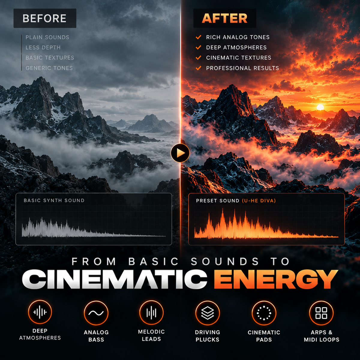 Melodic techno presets for u-he Diva transforming basic synth sounds into rich analog tones, deep atmospheres, and cinematic textures.