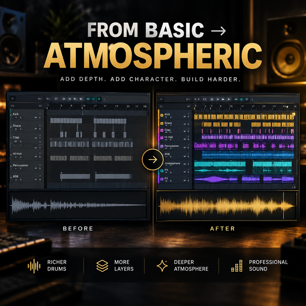 Promotional graphic for a sound design software feature, showing a 'Before' and 'After' comparison of audio arrangement interfaces. The left panel shows a basic dark gray arrangement with white waveforms, while the right panel shows a vibrant, layered arrangement with purple, blue, yellow, and orange elements.