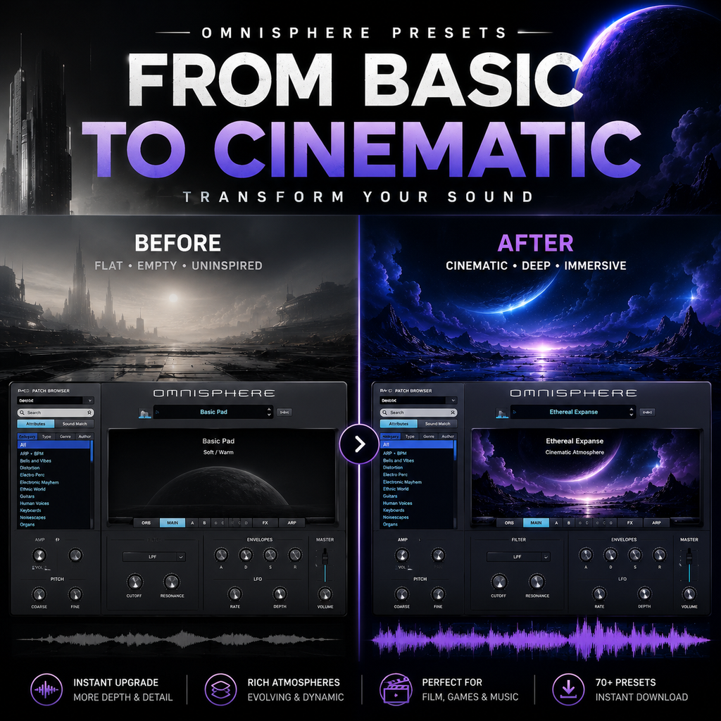 Promotional graphic for Omnisphere presets showing a before-and-after comparison of audio software interfaces. The left side, labeled 'Before,' shows a dark, empty virtual instrument interface over a moody cityscape.