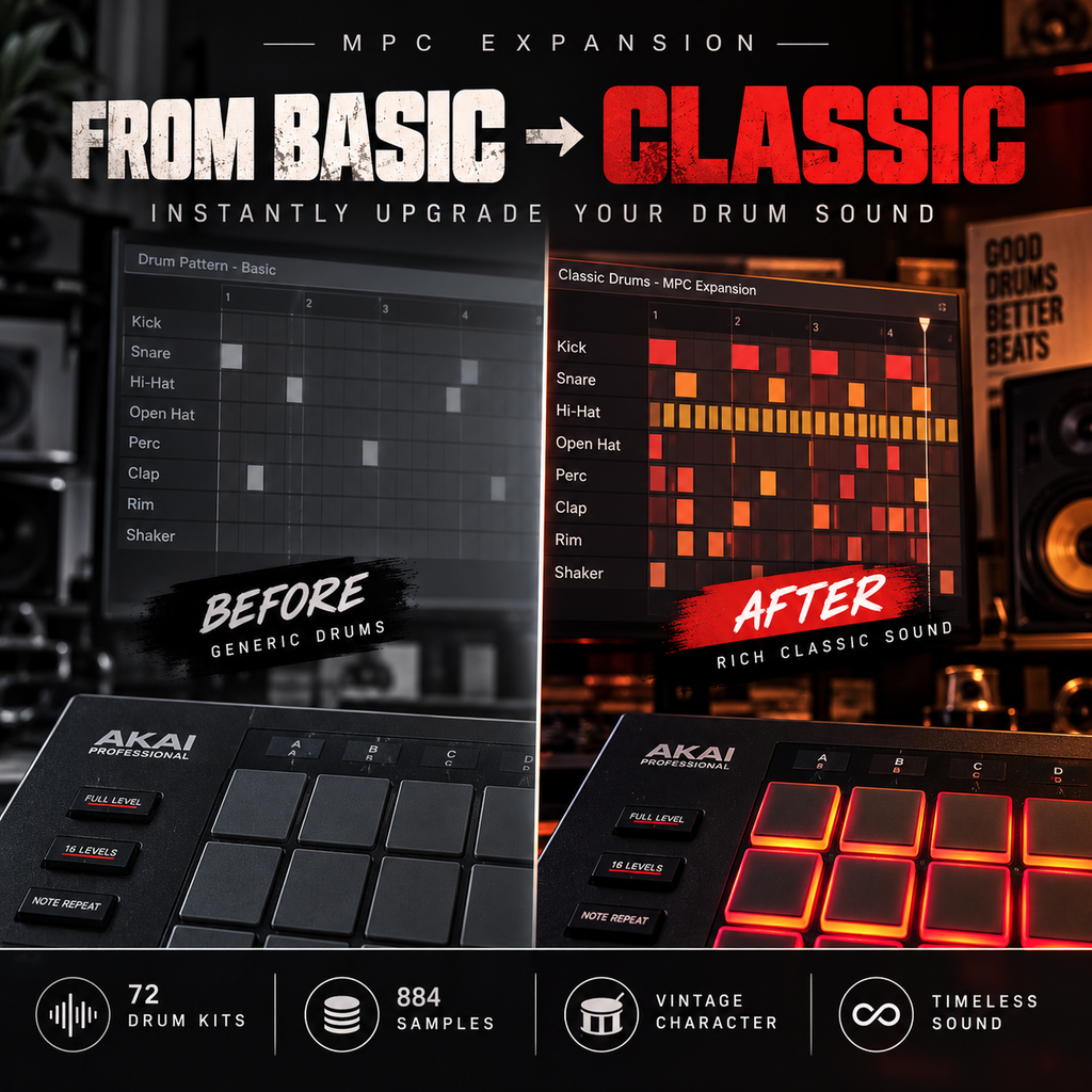 Promotional graphic for an MPC Expansion drum sample pack, showing a side-by-side 'Before' and 'After' comparison of drum patterns. The left side displays a basic, dark gray drum pattern editor, while the right side shows a vibrant, richly colored classic drum pattern editor with orange and red highlights.