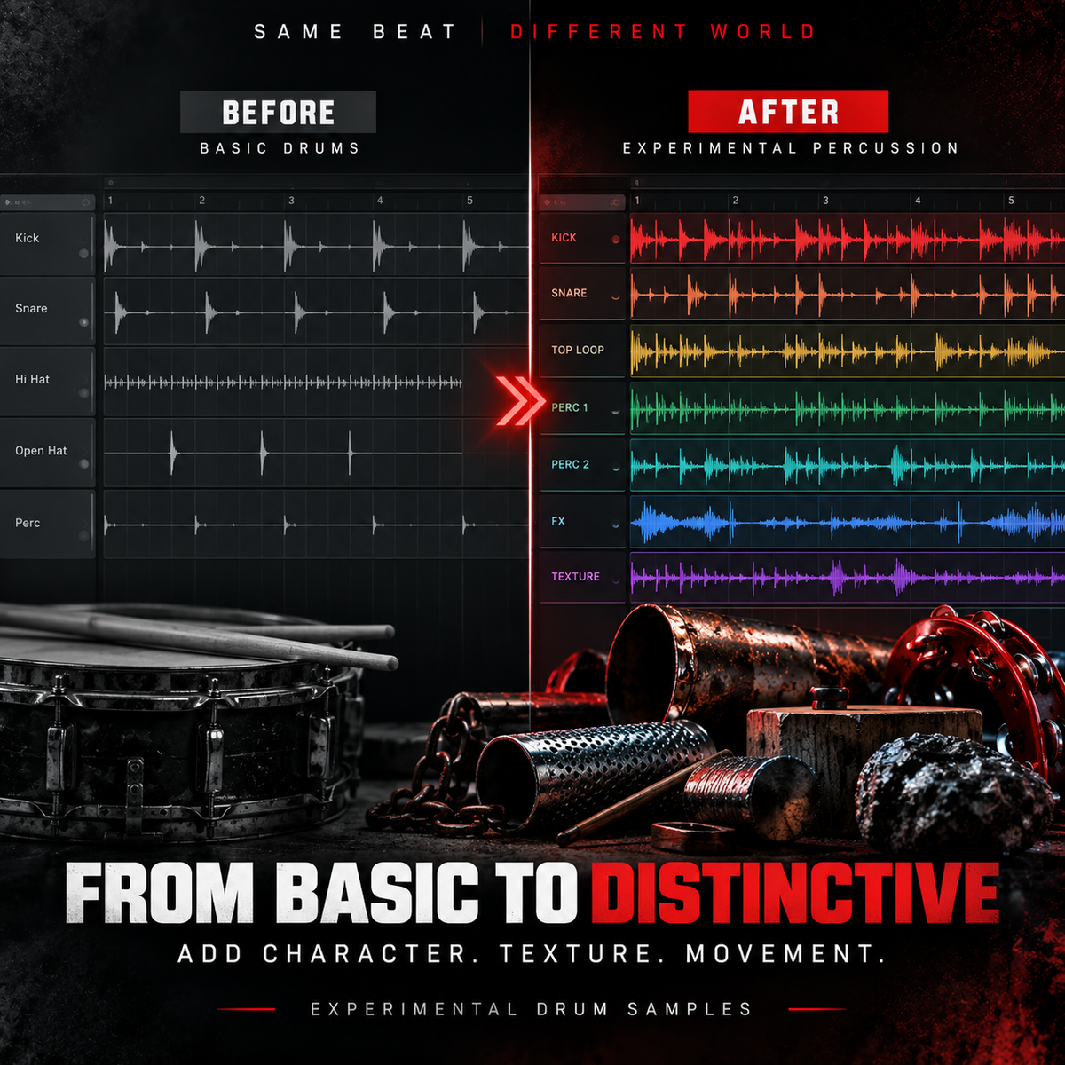 Before-and-after drum production showing basic rhythms transformed with experimental percussion samples.